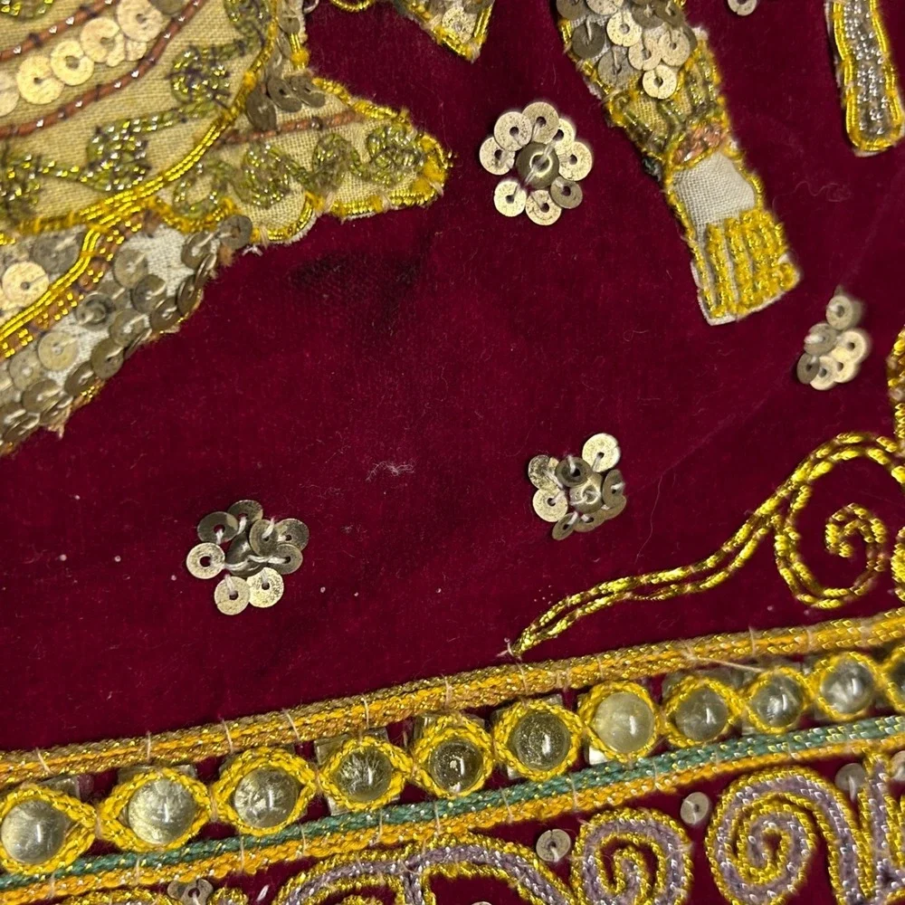 Vintage Kalaga Tapestry Velvet beaded wall scroll Gold Elephant Embroidery